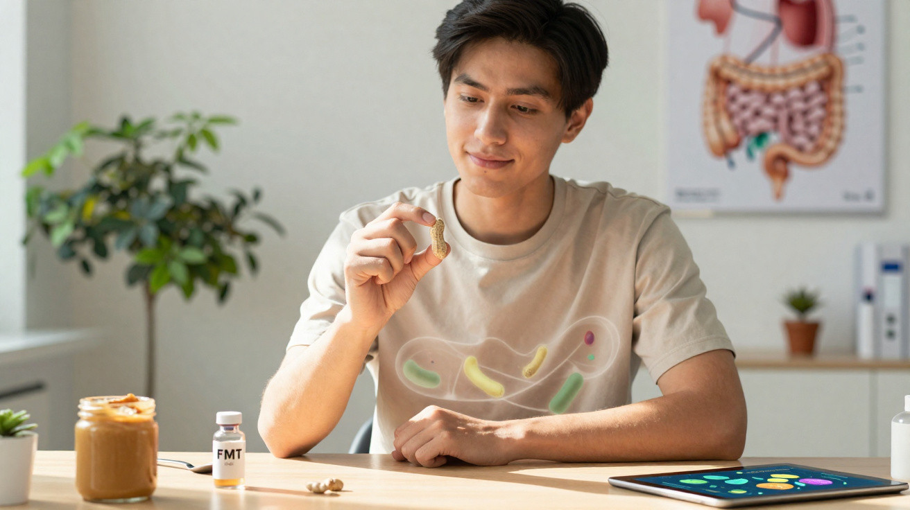 Young man holding a peanut with gut microbiome illustration on his shirt and gut diagram in the background.