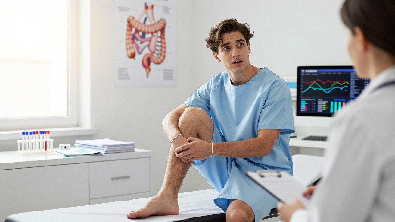 Young male patient in hospital gown talking to doctor in clinic with digestive system chart and computer screen in background