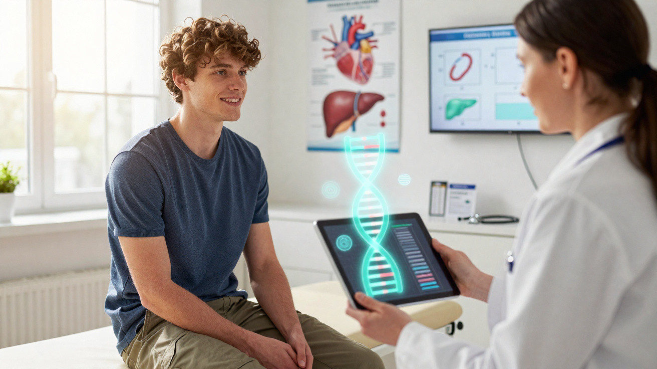 Doctor showing a young man a DNA hologram on a tablet during a medical consultation in a clinic.