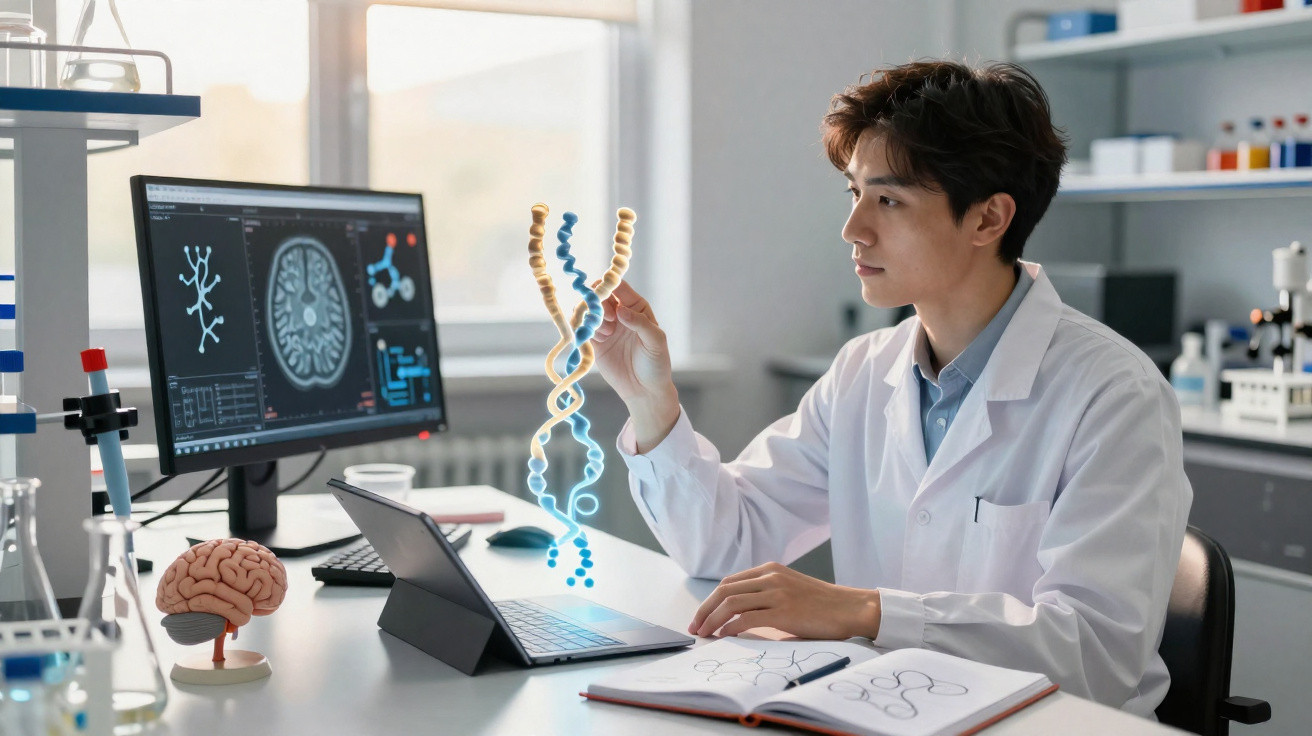 Scientist in a lab coat studies a digital DNA model with brain scans displayed on a computer screen.
