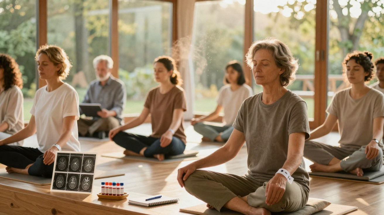 Group of adults meditating indoors in a serene room with wooden floors and large windows.