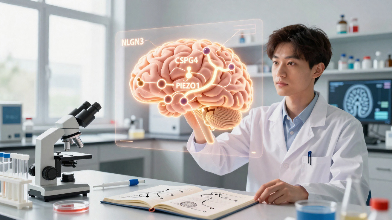 Scientist in lab coat studying a 3D holographic brain model with gene annotations in a laboratory setting.