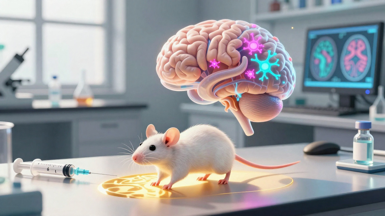 White laboratory mouse on a table with a floating brain graphic and a syringe in a research lab setting.