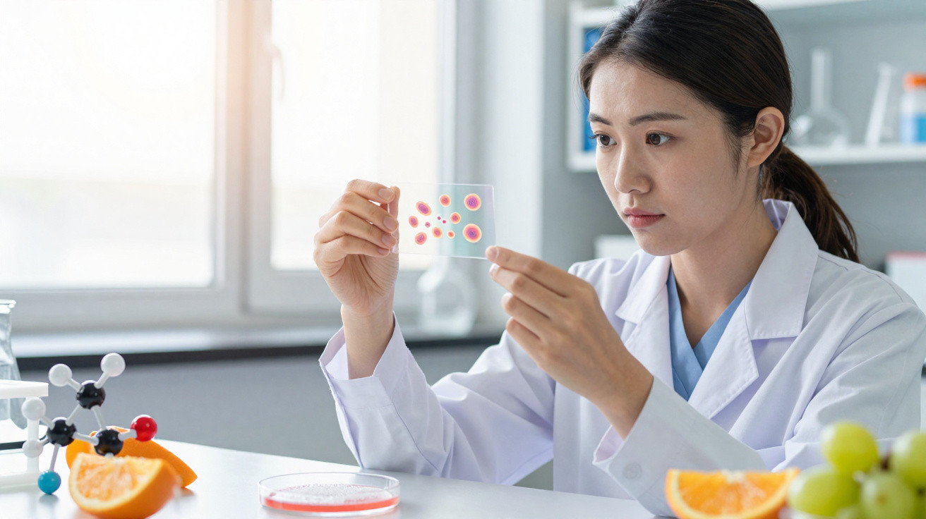 Scientist examining a glass slide with cell samples in a laboratory with fruit and molecular model on the table.