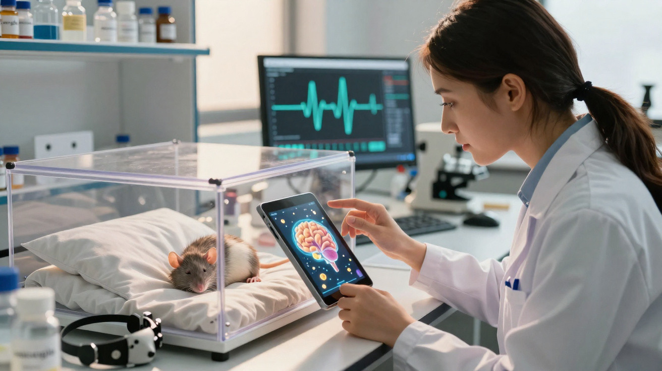 Scientist examining rat in clear enclosure while viewing brain scan on tablet in laboratory setting.