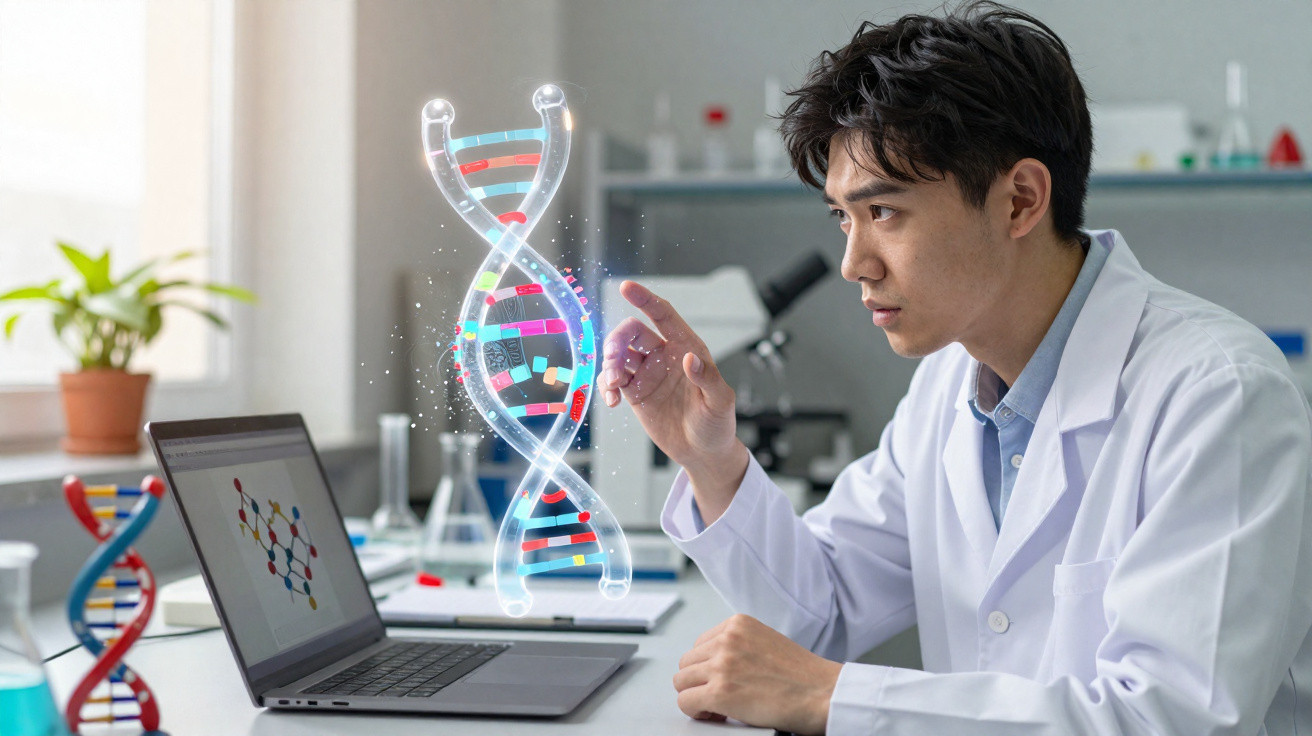 Scientist in lab coat researching digital DNA model hologram beside laptop in a laboratory setting.