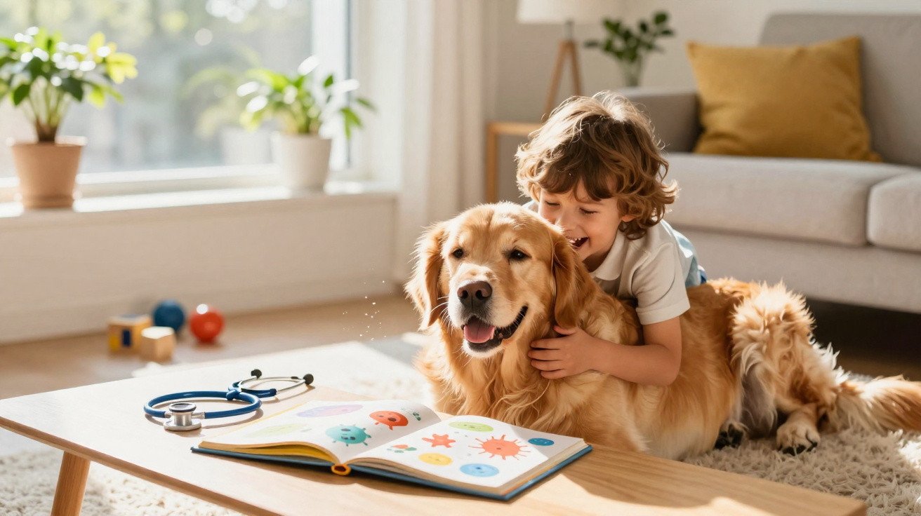 Young child hugging a golden retriever by a table with a book and toy stethoscope in a bright living room.