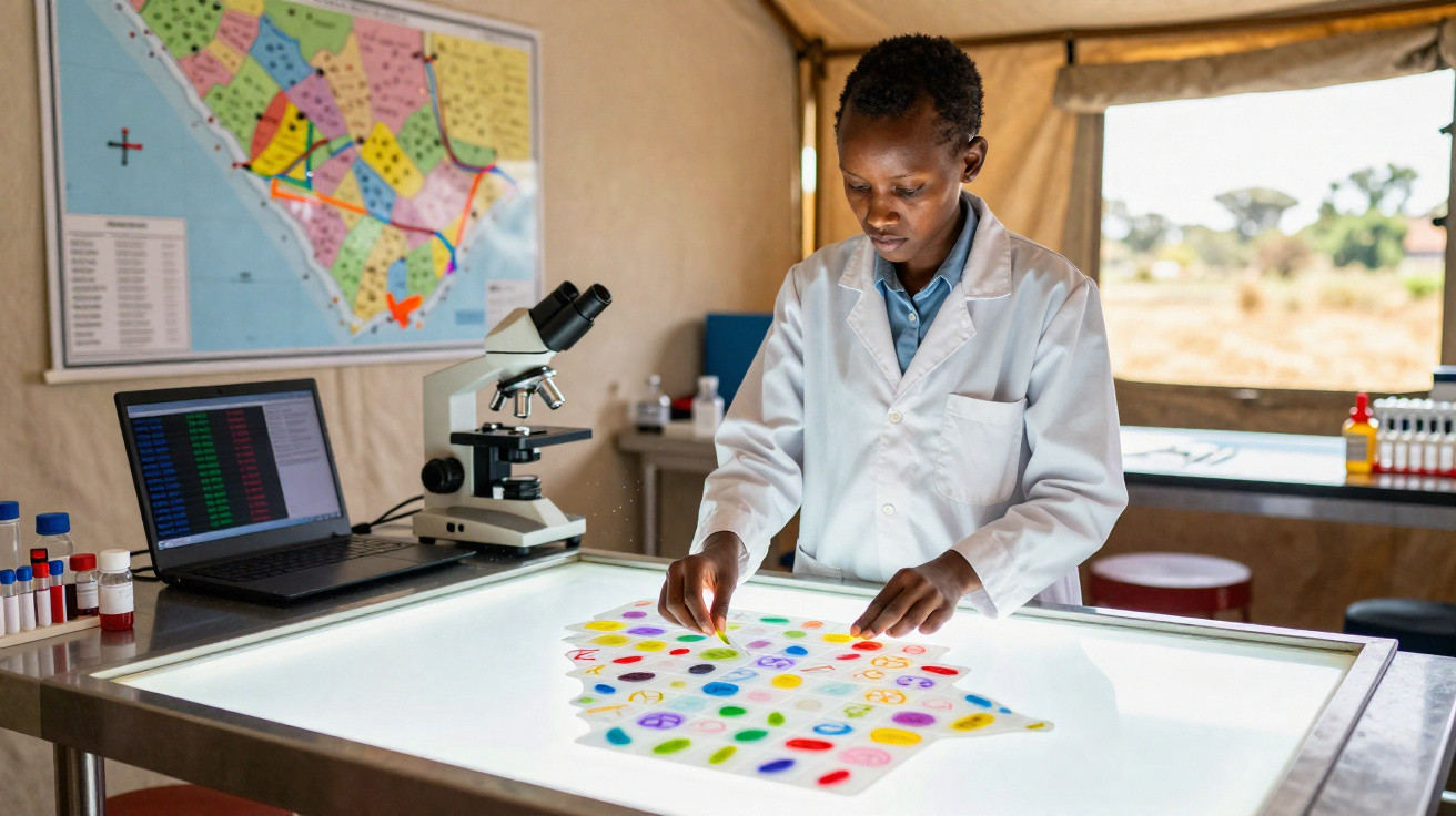 Scientist in white coat examining colourful map on light table in a lab with a microscope and laptop nearby.