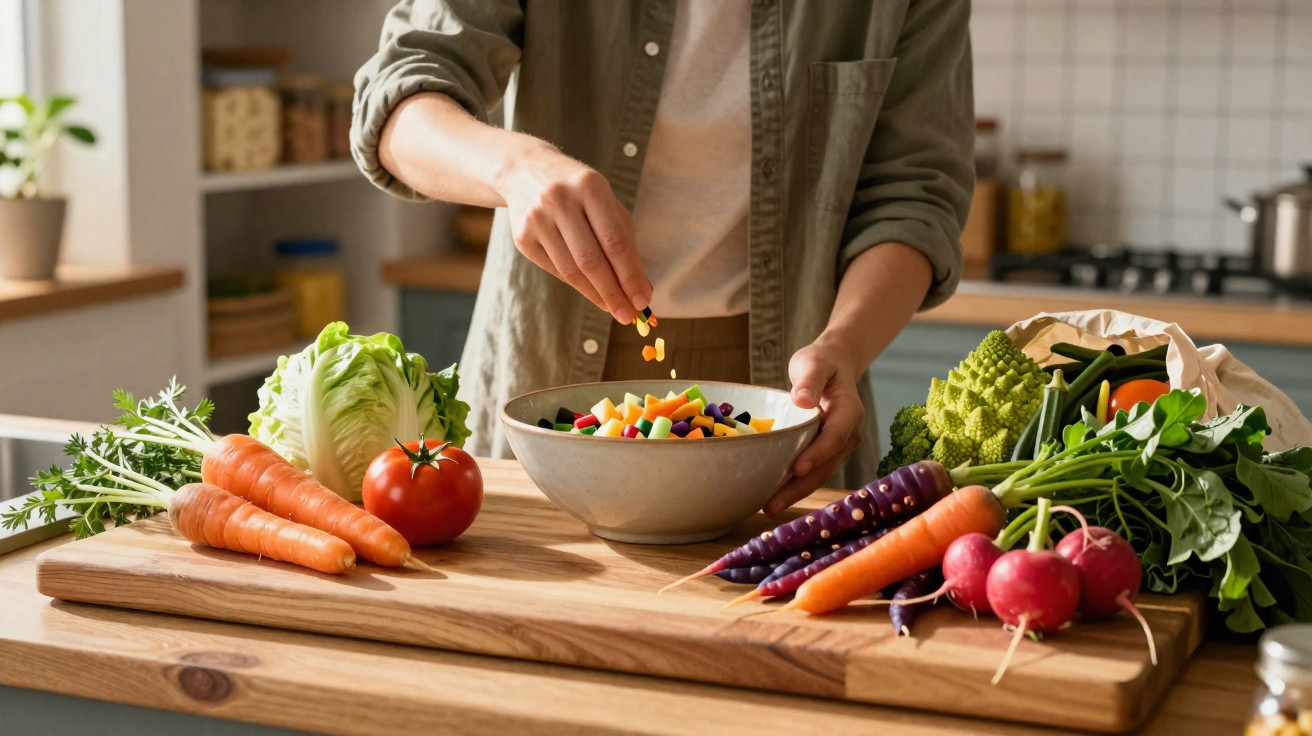 Person preparing a fresh vegetable salad on a wooden chopping board in a kitchen setting.