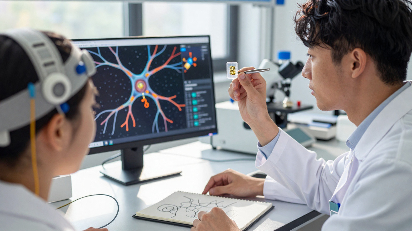 Scientists examining a neural chip with a brain neuron model displayed on a computer screen in a lab setting.