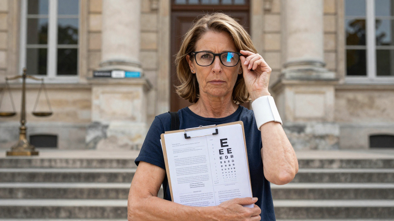 Middle-aged woman adjusting glasses holding eye test chart clipboard outside building steps.
