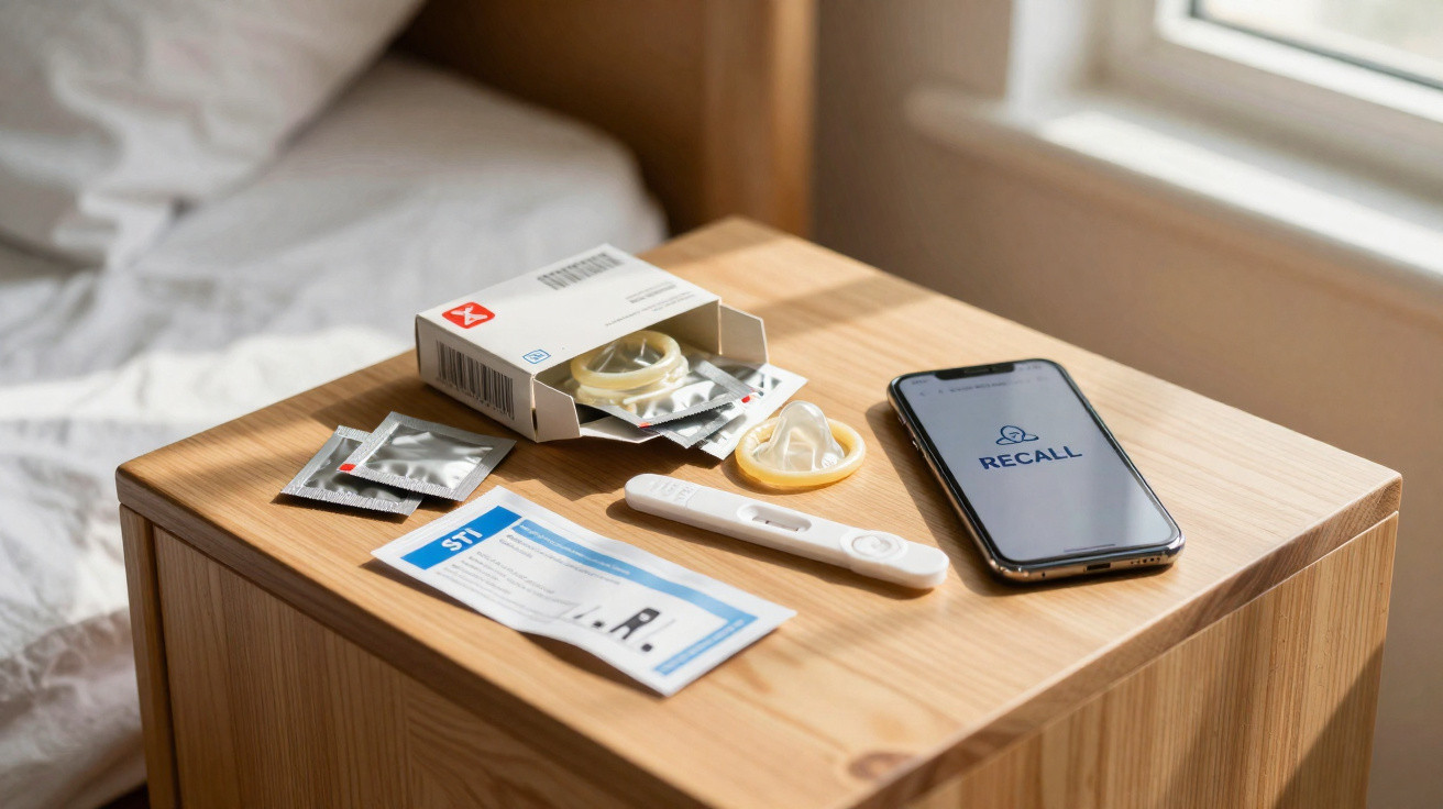 Condoms, STI test kit, and smartphone displaying ‘Recall’ app on a wooden bedside table near a bed.