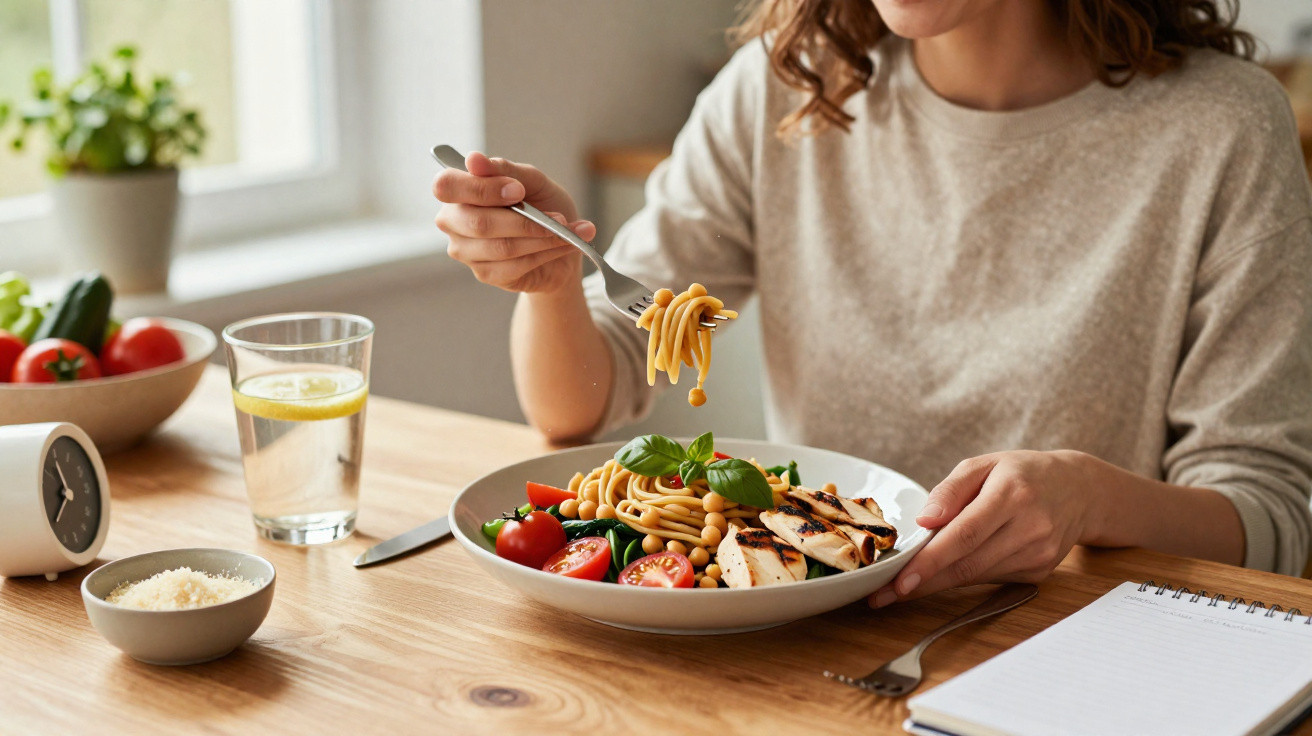 Person eating a plate of pasta with grilled chicken, cherry tomatoes, and basil at a wooden table.