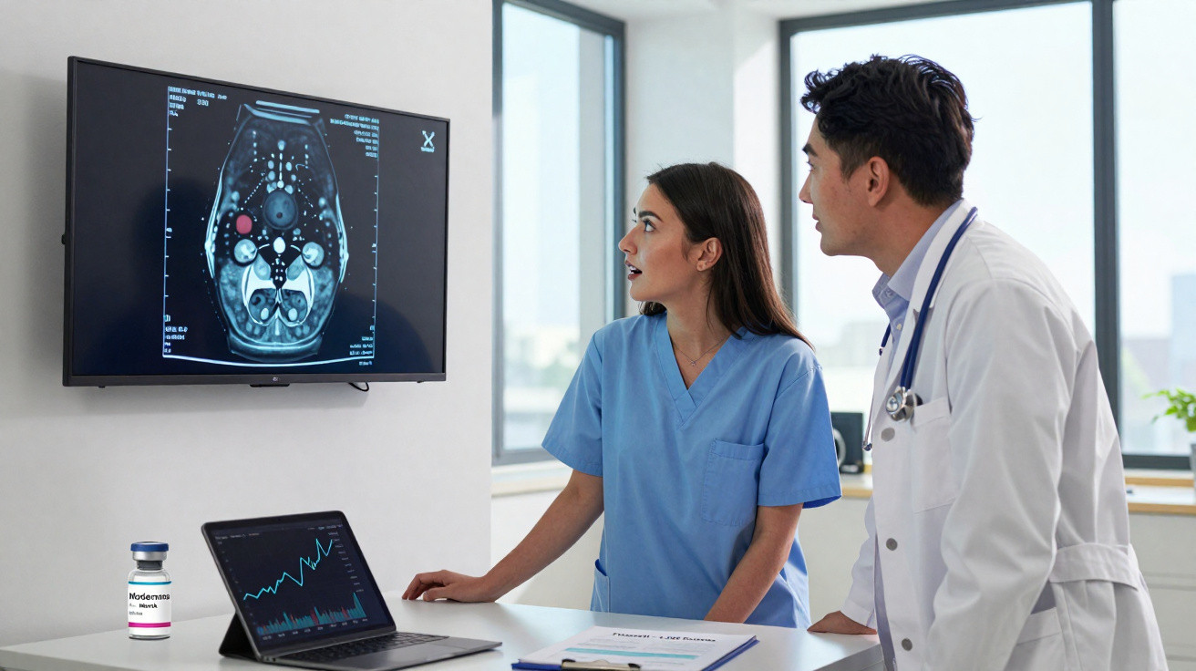 Two medical professionals reviewing an abdominal MRI scan on a screen in a bright consultation room.