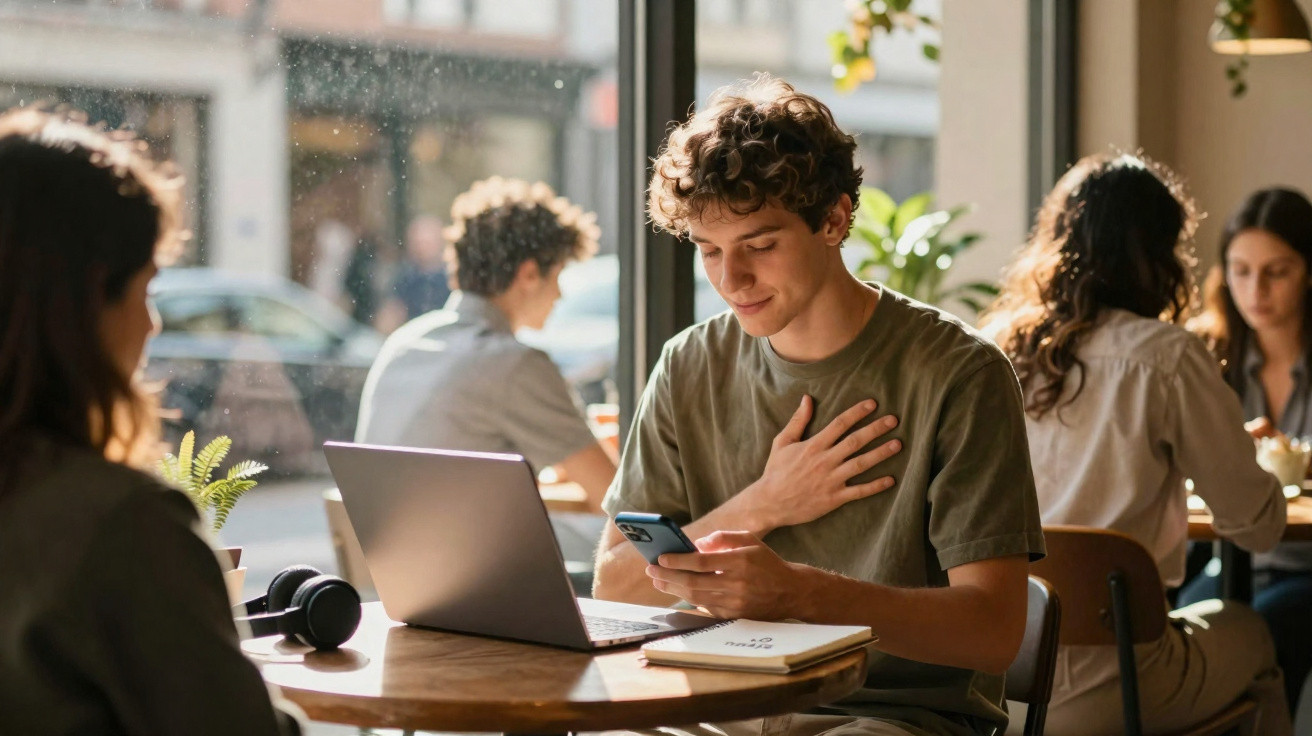 Young man sitting at a café table using his phone and laptop, looking pleased and touching his chest.