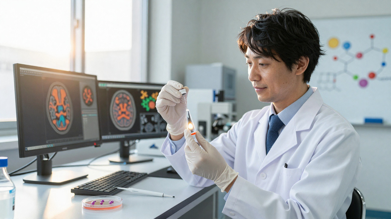 Scientist in a lab coat examining a test tube with brain scans displayed on computer screens in the background.
