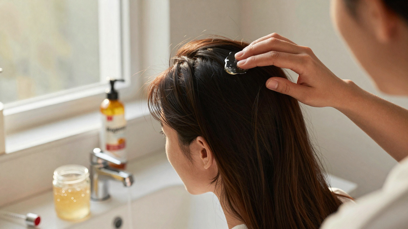 Person applying a scalp treatment to the hair of another person in a bright bathroom.