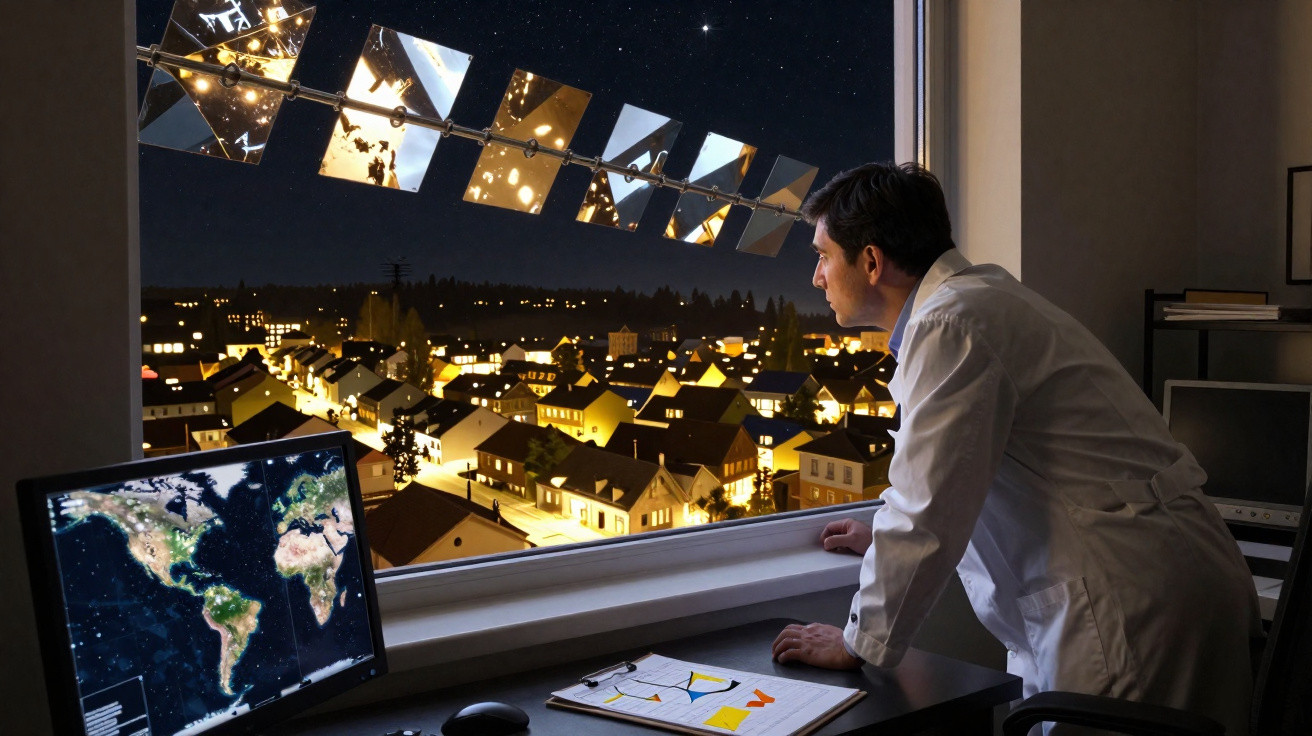 Scientist in white coat studying solar panels outside a window overlooking a lit suburban area at night.