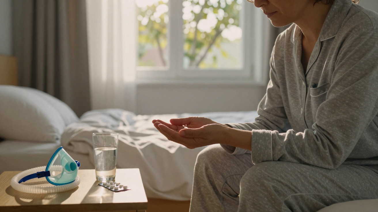 Person in grey pajamas holding medication, with inhaler, pills, and a glass of water on bedside table in soft natural light