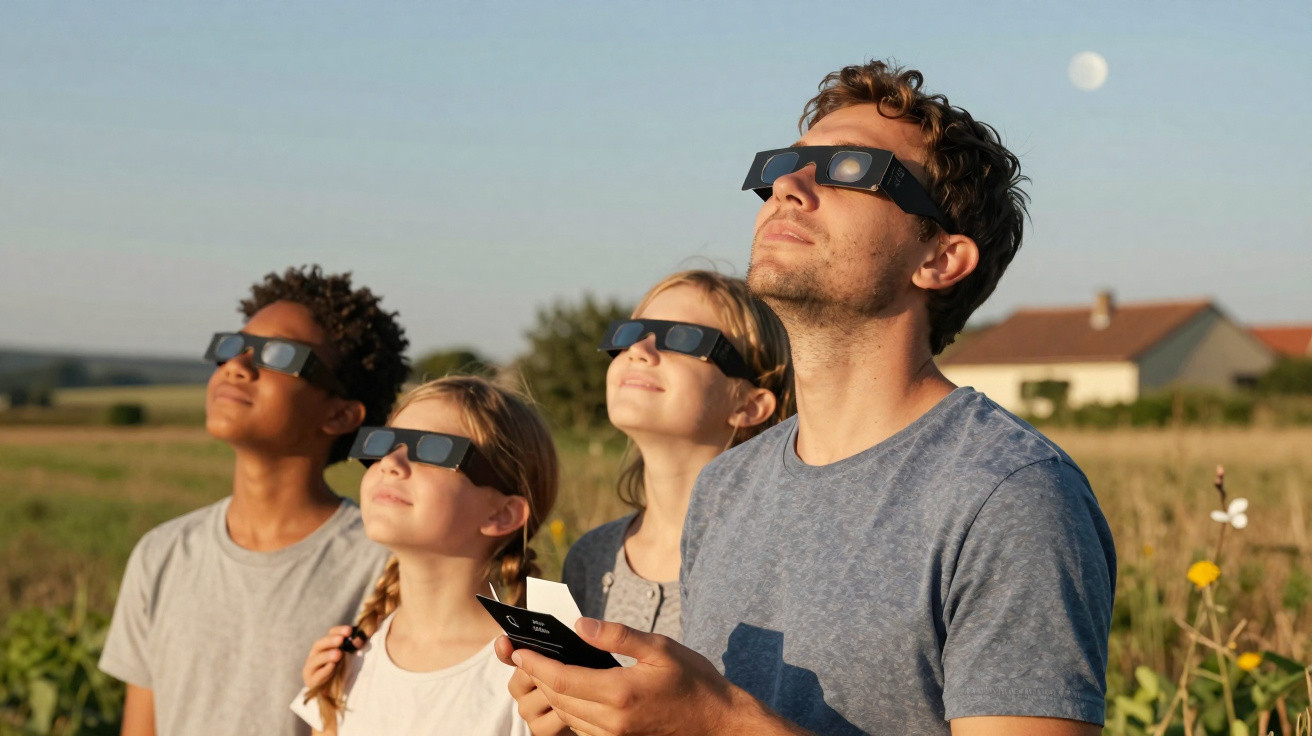 Group of people outdoors wearing eclipse glasses, looking up at the sky during a solar event.