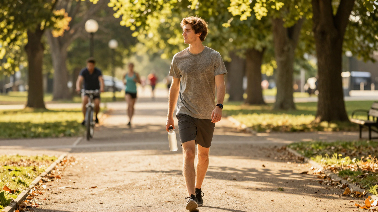 Young man in grey t-shirt and shorts walking in sunlit park holding a water bottle.