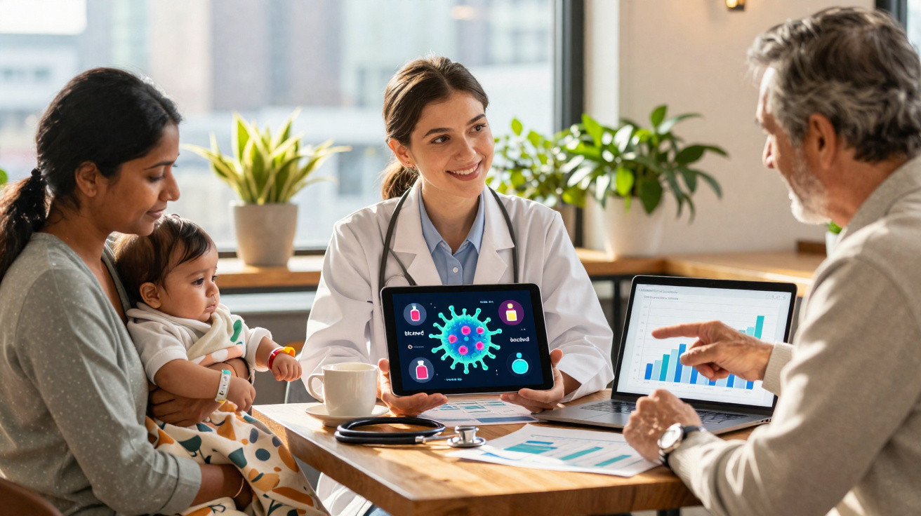 Doctor showing digital tablet with virus graphic to family holding baby during medical consultation in office.