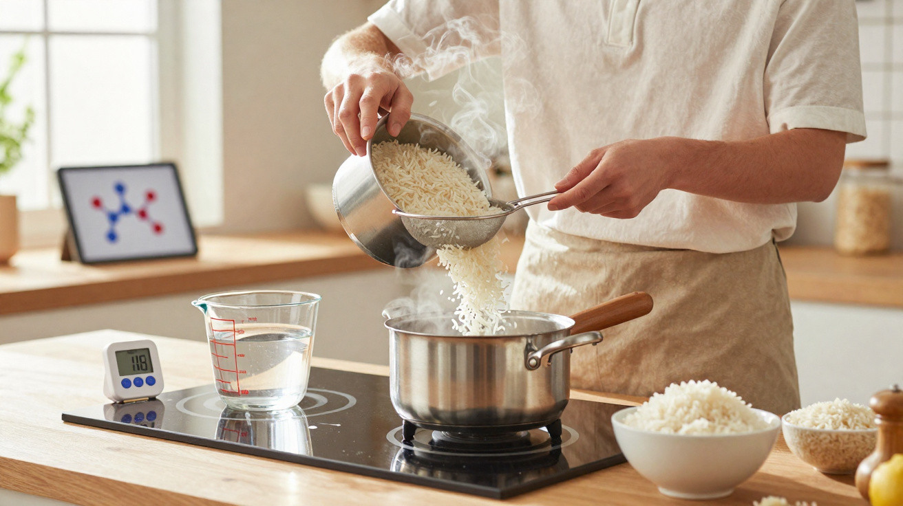 Person pouring rice from a saucepan into a steaming pot on an induction stove in a kitchen.