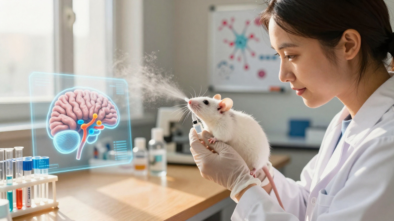 Scientist in lab coat spraying white lab rat with mist, holographic brain image floating nearby.