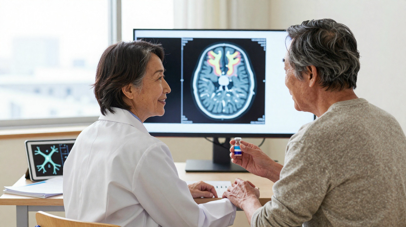 Doctor and elderly patient discussing brain scan on computer screen in medical office.