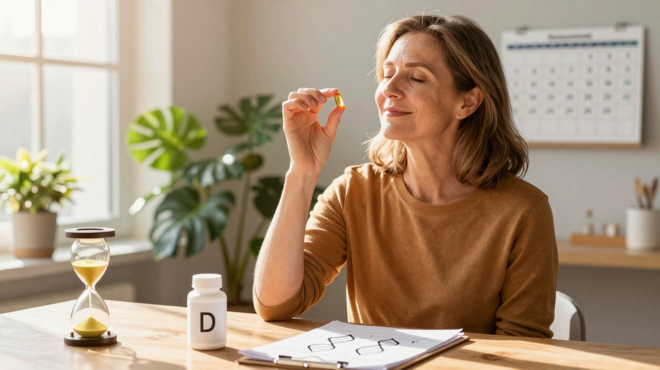 Woman about to take a vitamin D capsule at a sunlit table with a calendar and plants in the background.