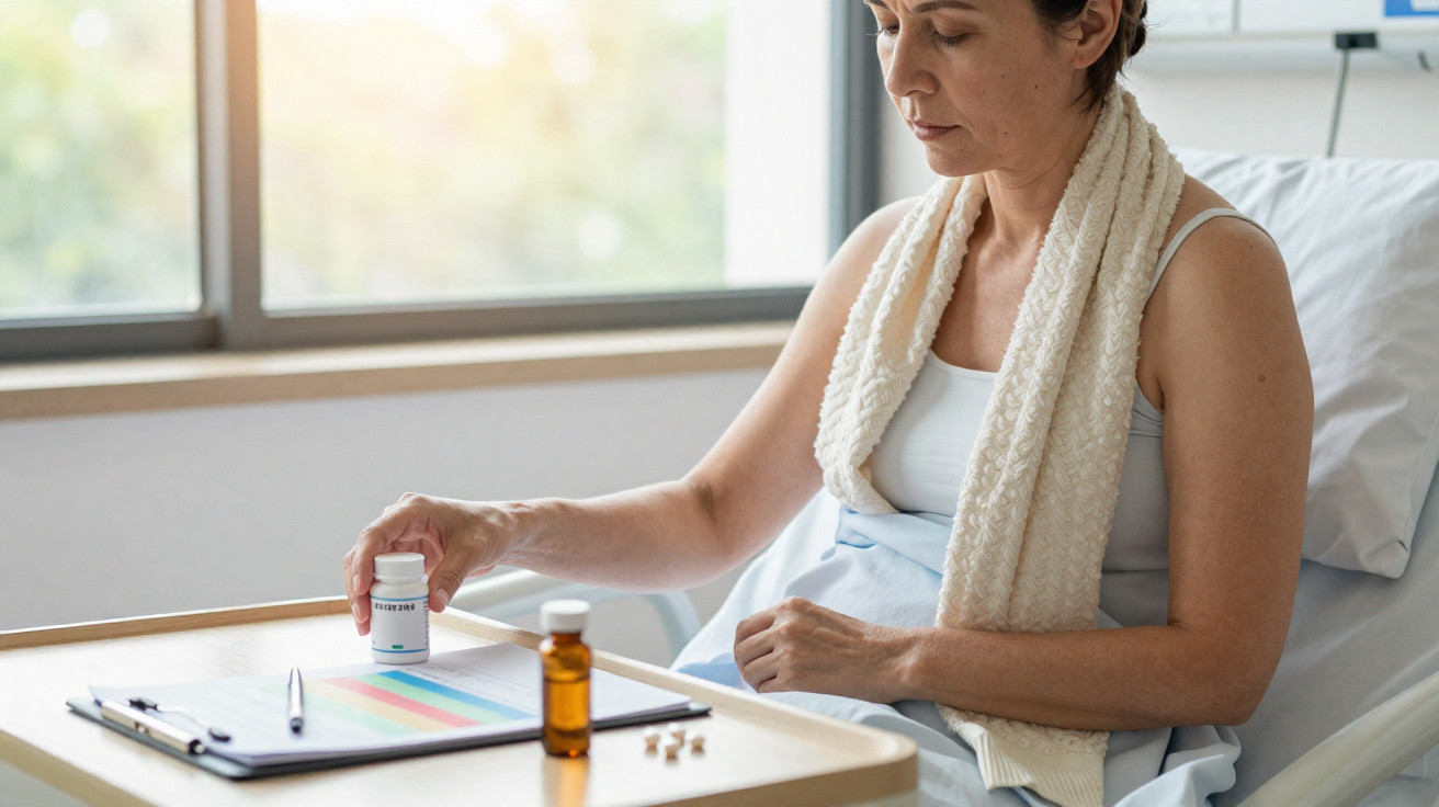 Middle-aged woman in hospital bed reaching for medication bottles on a tray with documents and a pen.