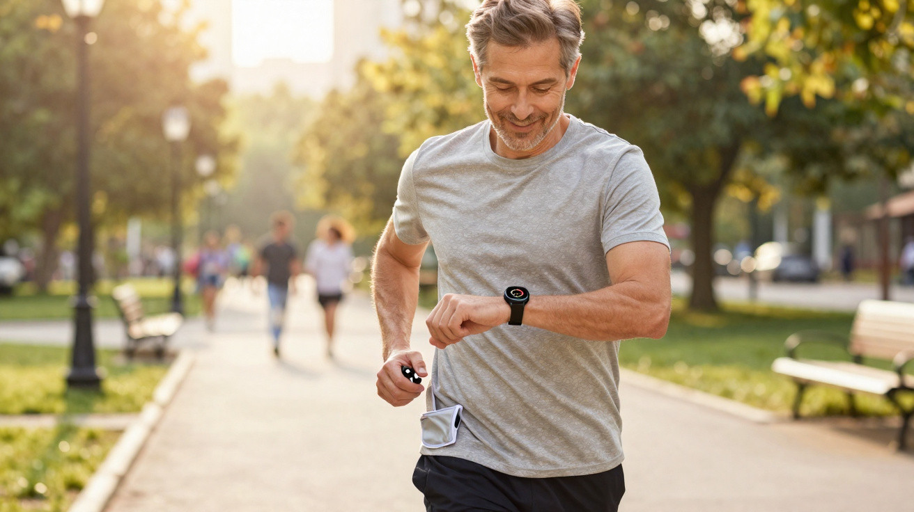 Middle-aged man checking smartwatch while jogging in a sunny park pathway with others in the background.