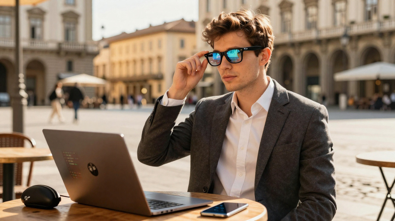 Young man in suit adjusting sunglasses while working on laptop at outdoor café table in city square.