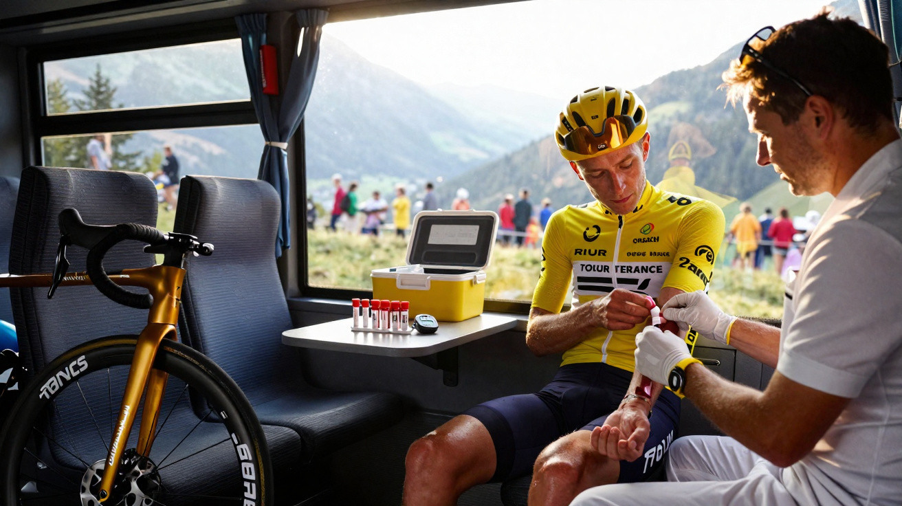 Cyclist in yellow jersey getting blood drawn by a medic inside a vehicle with a bike nearby.