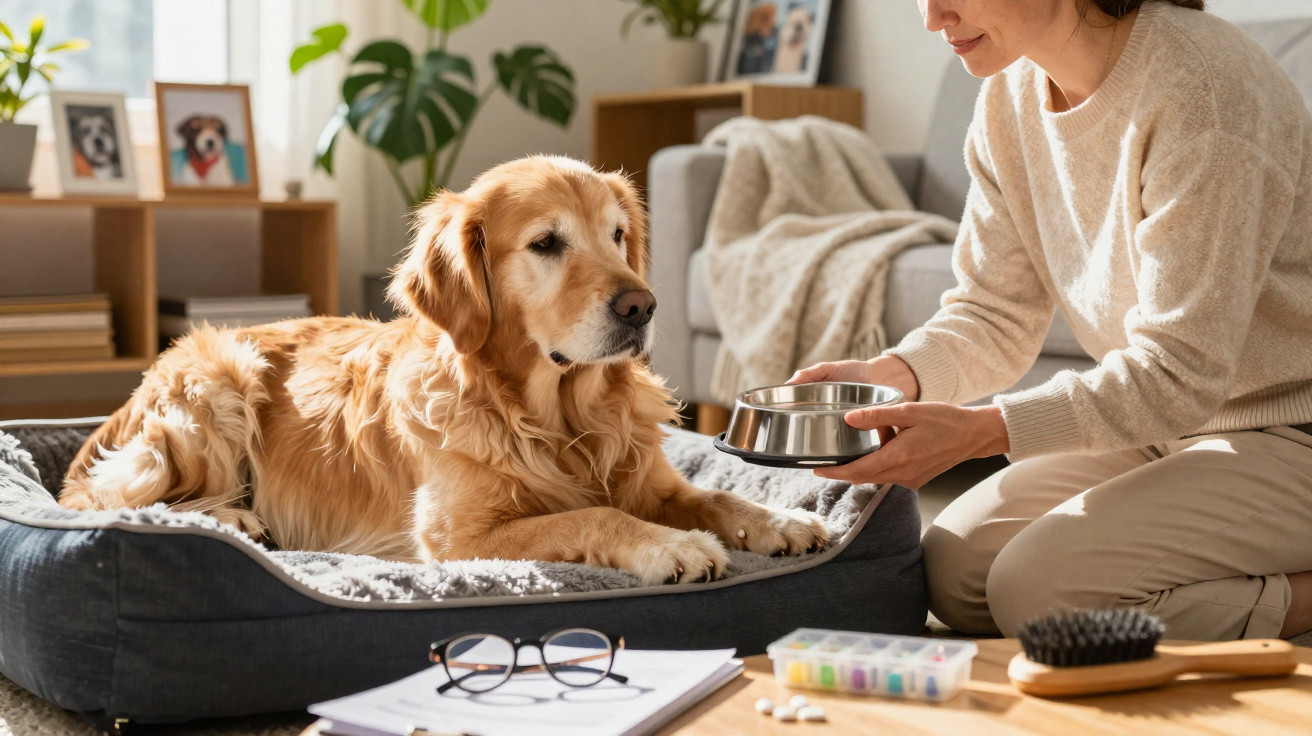 Golden retriever lying in a bed while a person offers a stainless steel dog bowl in a cosy living room.
