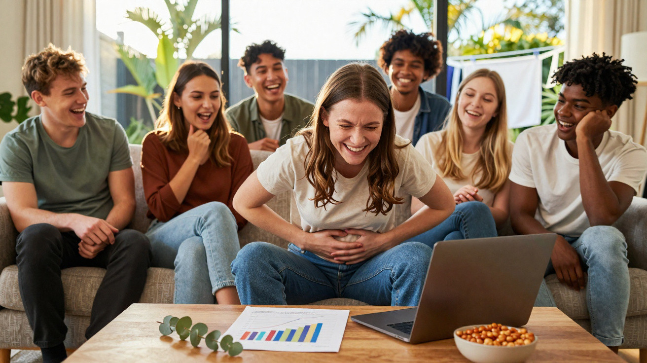 Group of young adults laughing while watching something on a laptop in a living room.