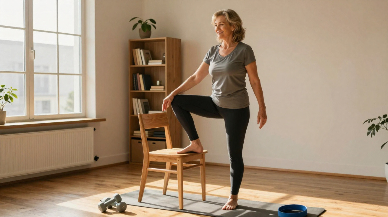 Older woman in sportswear stretching leg with foot on chair in bright living room with yoga mat and dumbbells.