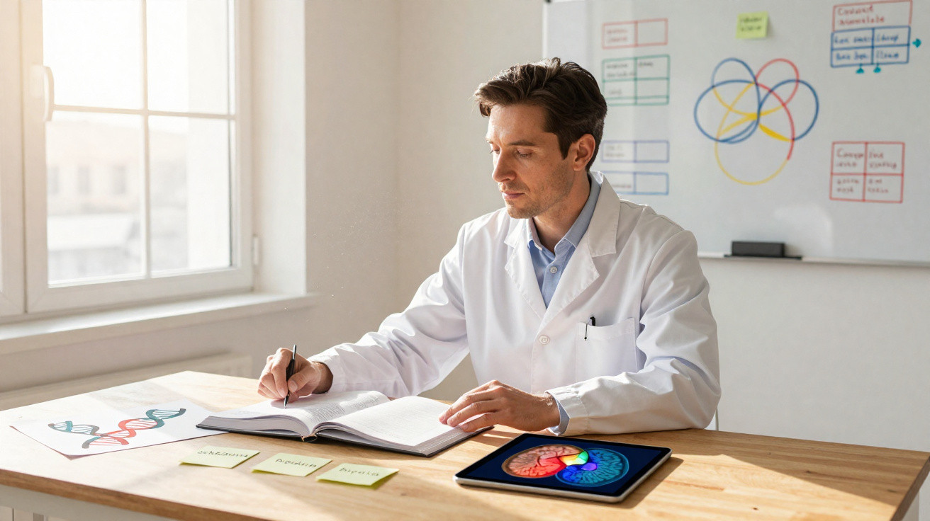 Scientist in a white lab coat studying brain diagrams and notes at a desk in a bright office.