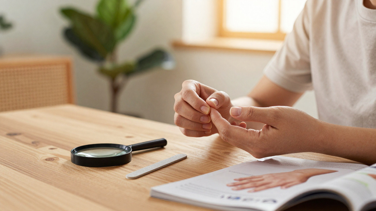 Person examining their fingernail with a magnifying glass on a wooden table next to a magazine and nail file.
