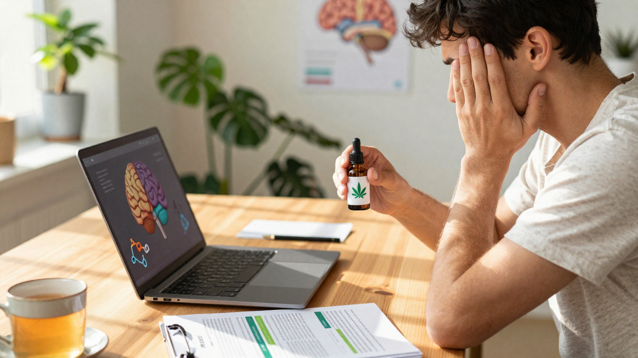 Man holding a cannabis oil bottle, sitting at a table with a laptop showing a brain image and medical documents.