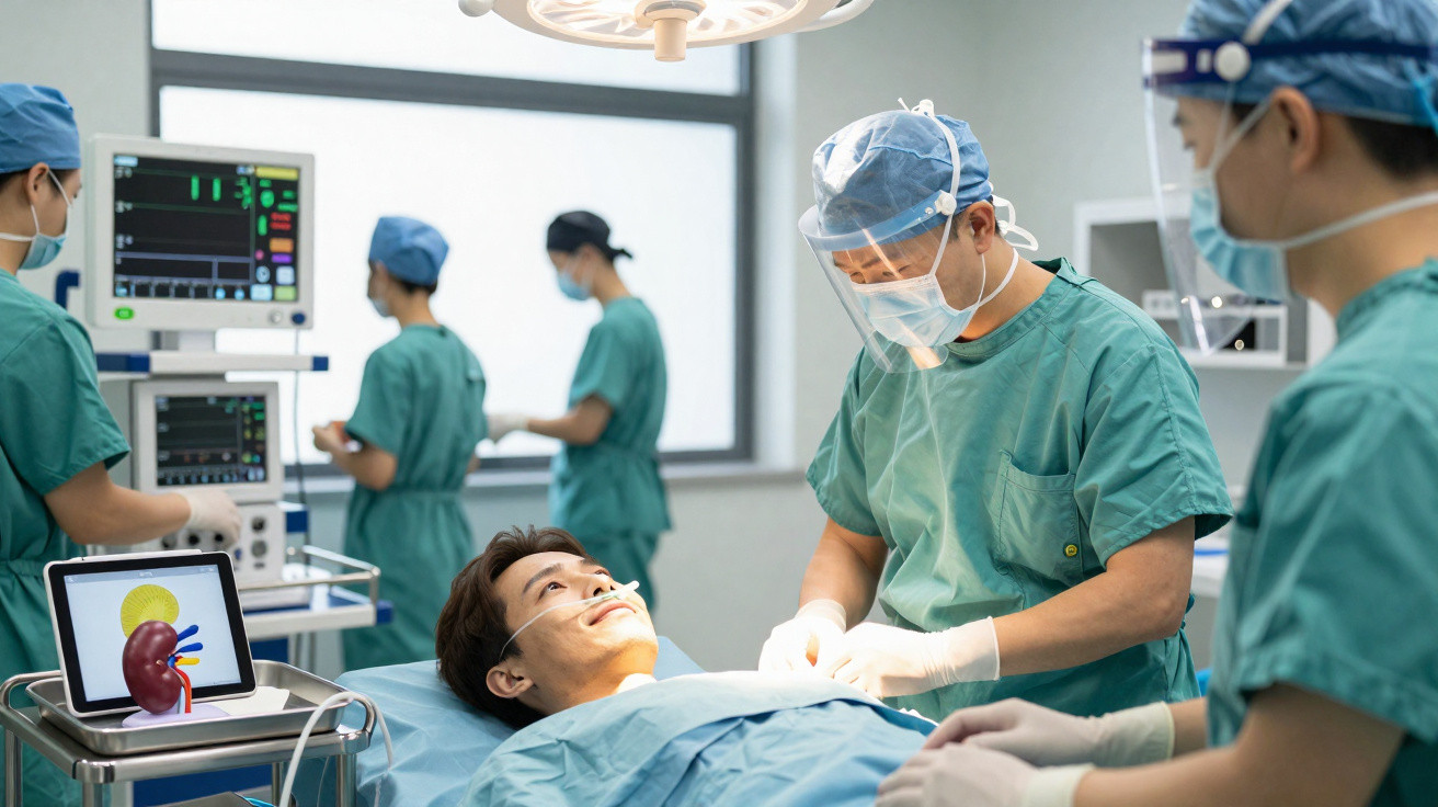 Surgeons in protective gear performing surgery on a patient in a modern operating theatre.