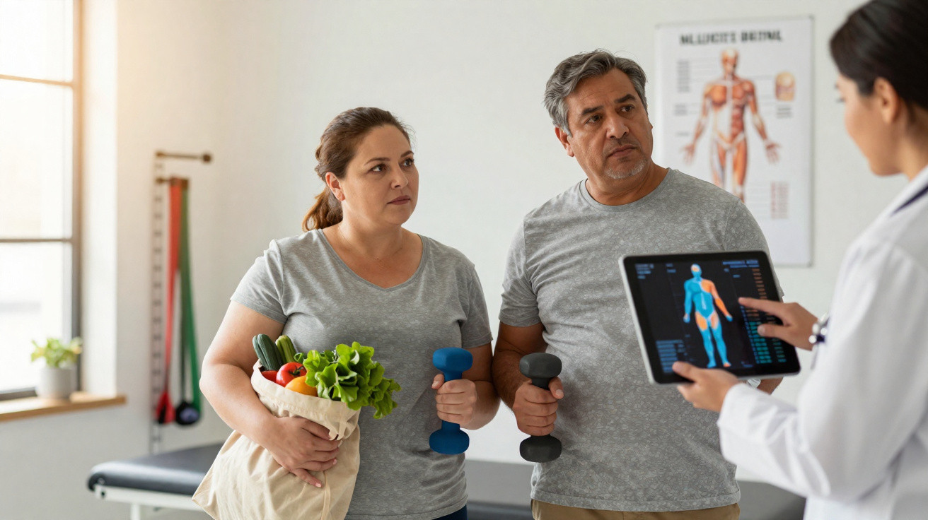 Middle-aged couple holding dumbbells and groceries listening to a doctor explaining a muscle diagram on a tablet.