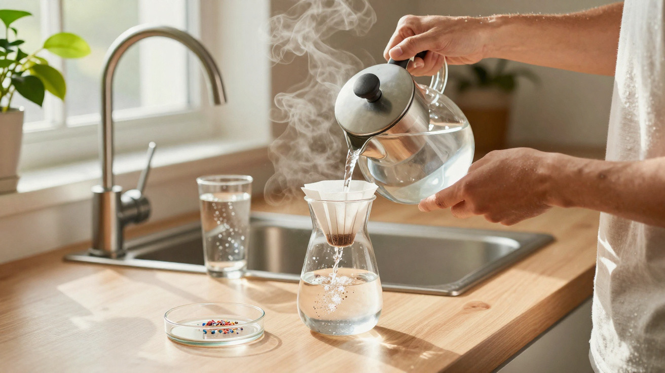 Person pouring steaming hot water from a kettle into a coffee dripper on a kitchen counter near a sink.