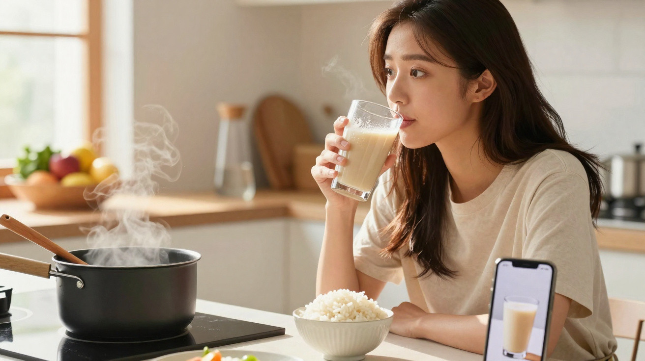 Young woman drinking a glass of soy milk at the kitchen table with steamed rice and phone nearby.