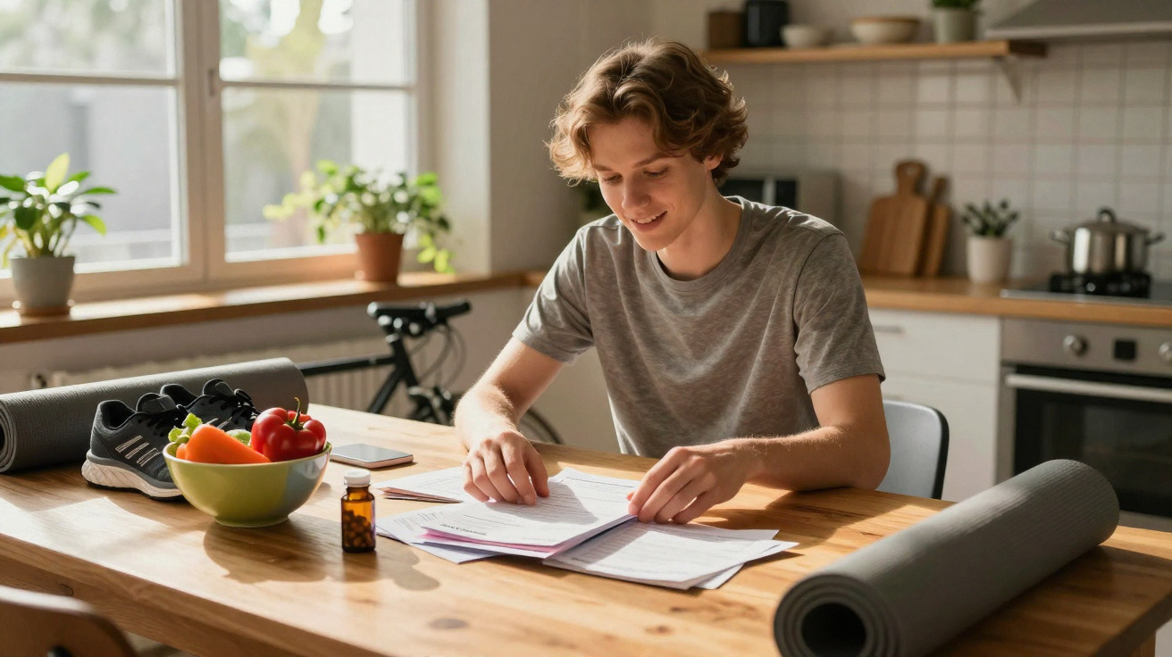 Young man in grey t-shirt sitting at kitchen table reading documents with exercise mat, shoes, and fruit bowl nearby.