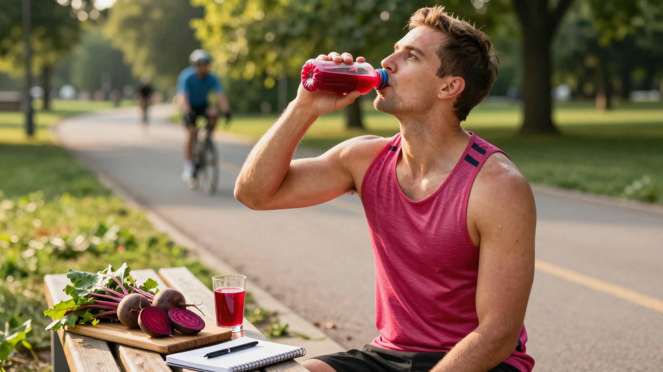 Man in pink vest drinking beetroot juice on park bench with cyclists in background and notebook nearby