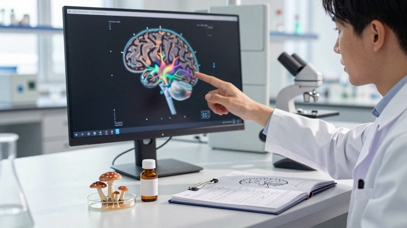 Scientist in lab pointing at brain scan on computer screen with mushrooms and medicine bottle on desk.
