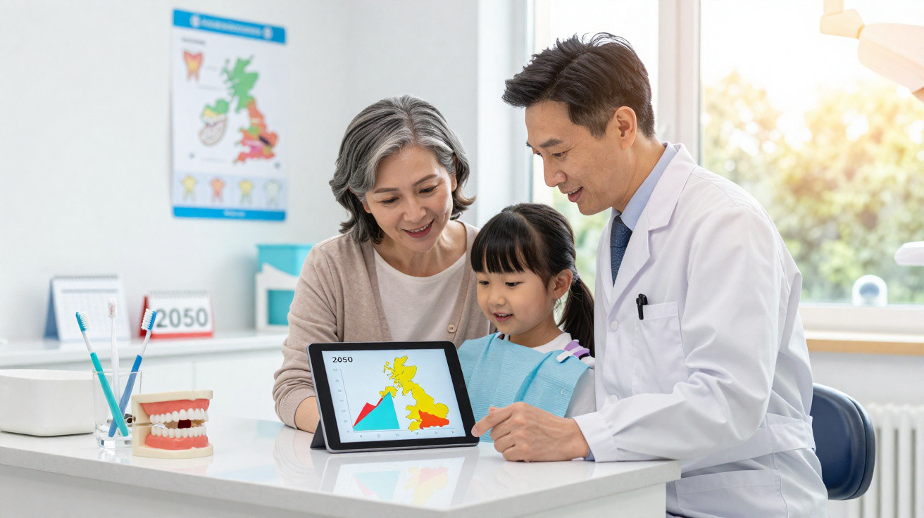 Dentist showing a dental health chart on a tablet to a child and her grandmother in a clinic.