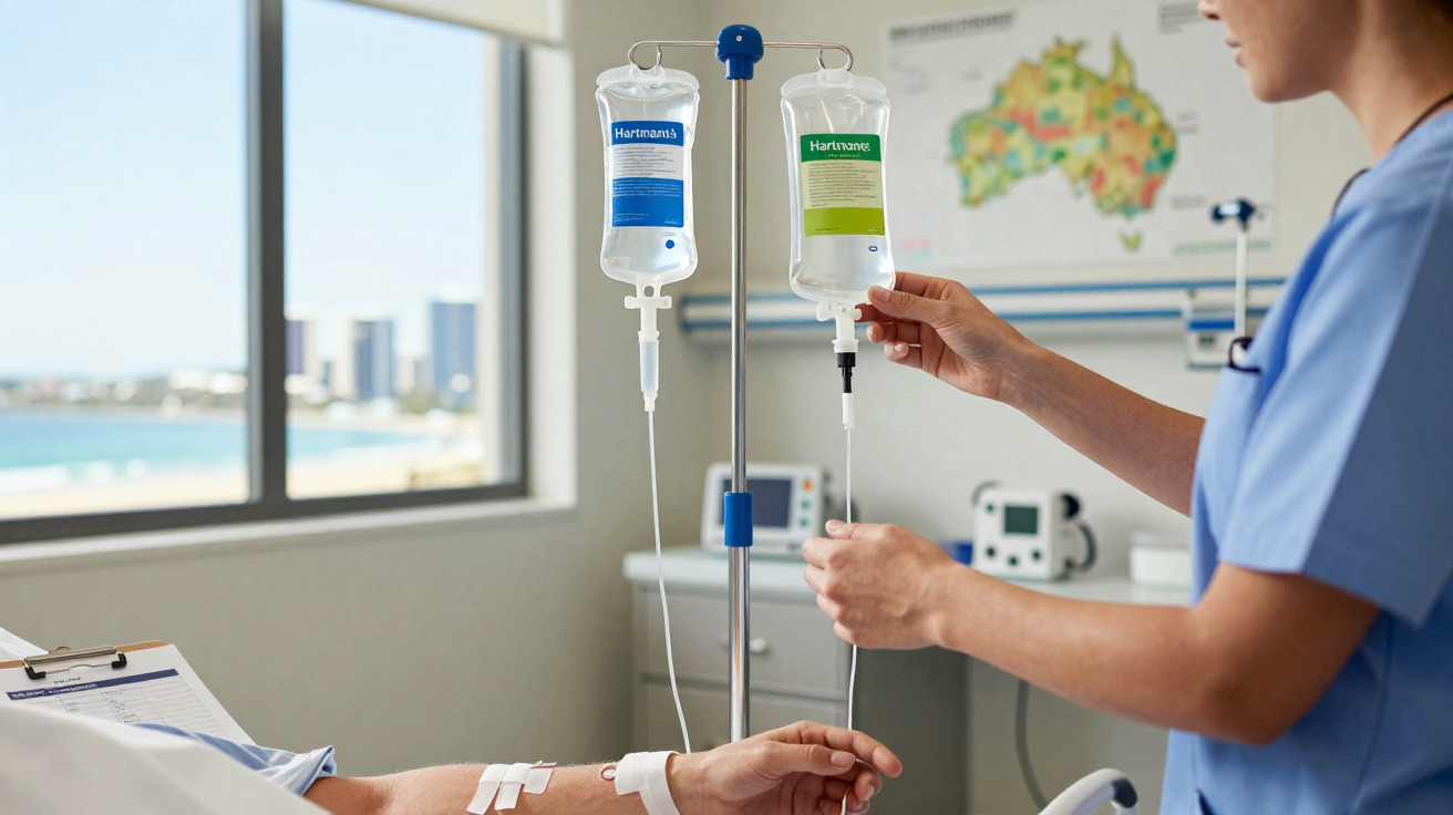 Healthcare professional adjusting intravenous drip for patient in hospital room with a cityscape view.