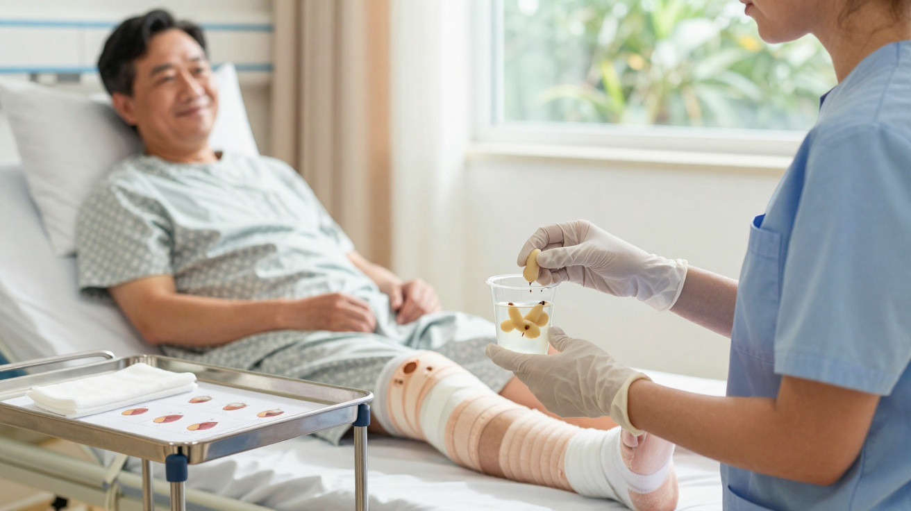Nurse feeding a leg-injured patient in hospital bed with medication and water in a clear cup.